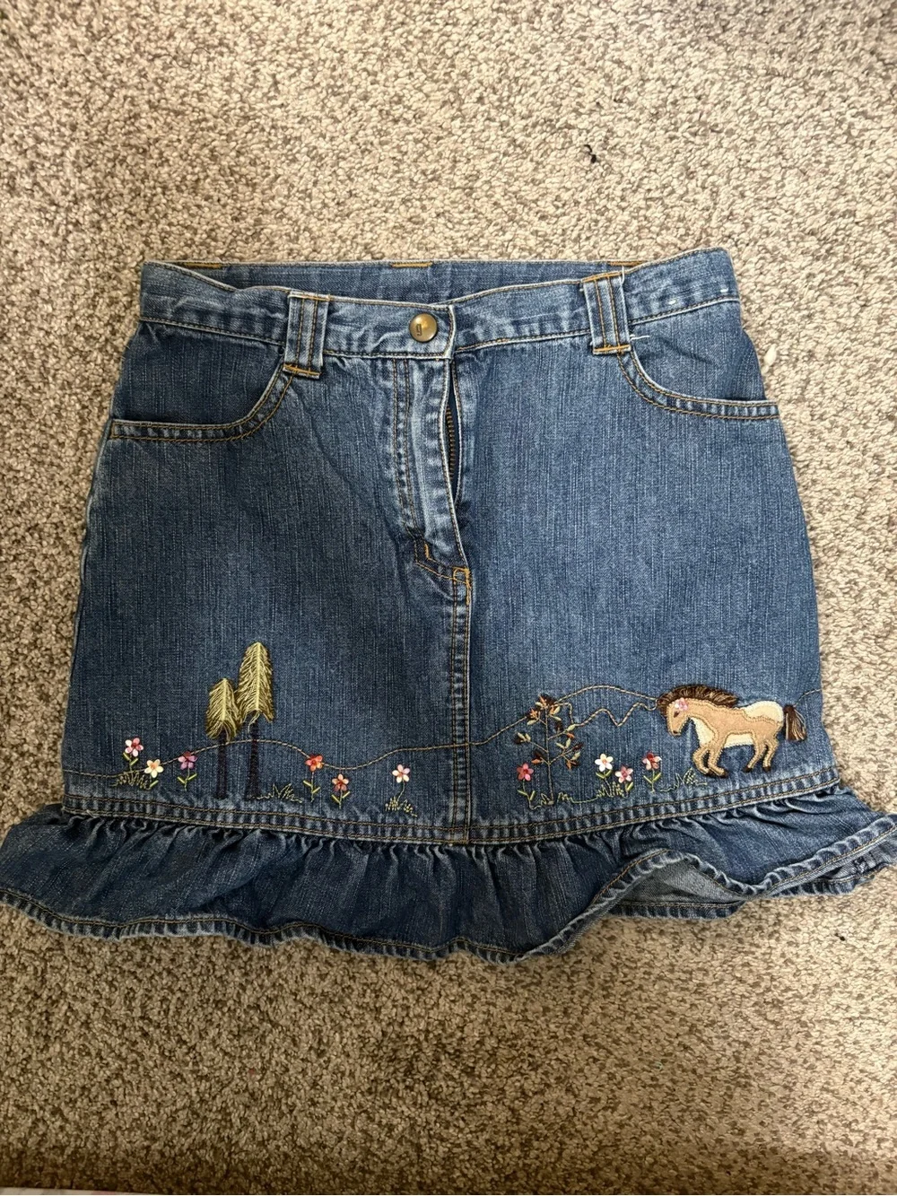 Gymboree Denim Skirt with Embroidered Horse and Floral Detail - Blue Vintage